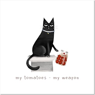 Cartoon black cat throwing off a jar of tomatoes with the inscription "My tomatoes - my weapon." Posters and Art